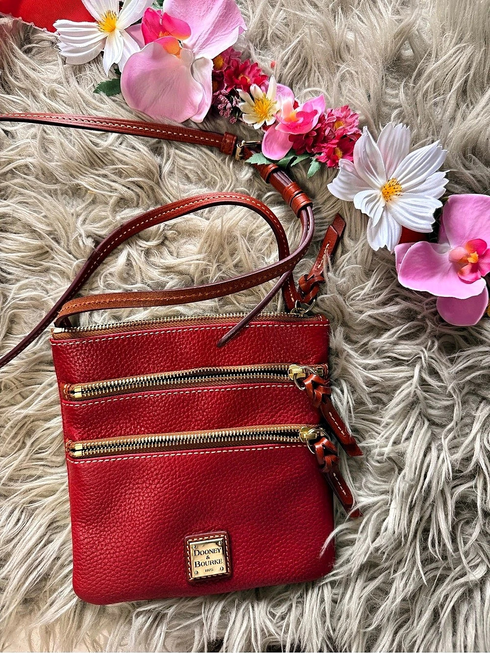 Dooney & Bourke Pebble Grain North South Triple Zip Crossbody Red & Brown